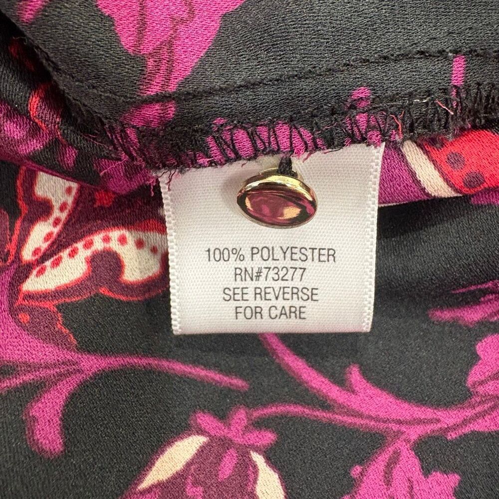 Dana Buchman Women’s XL Blouse Black Pink Floral Long Sleeve Button Cuff - Picture 7 of 9